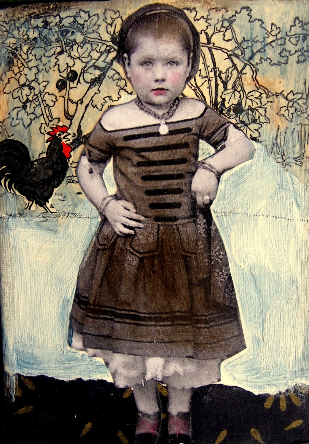 Little K original vintage mixed media  painting on canvas
