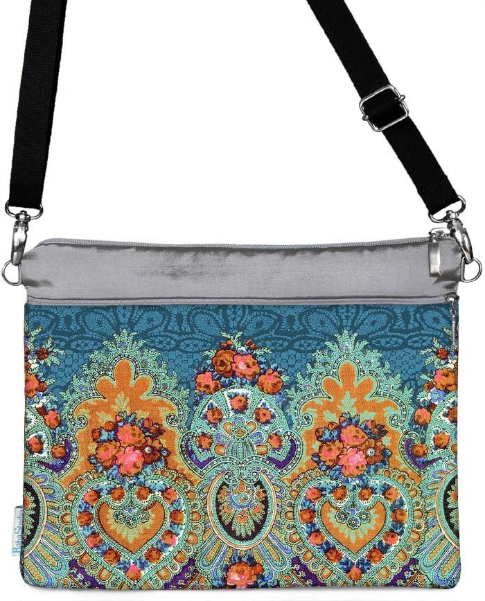 Gypsy Soul. iPad, Kindle, Tablet bag. Silver silk mix with long adjustable strap.