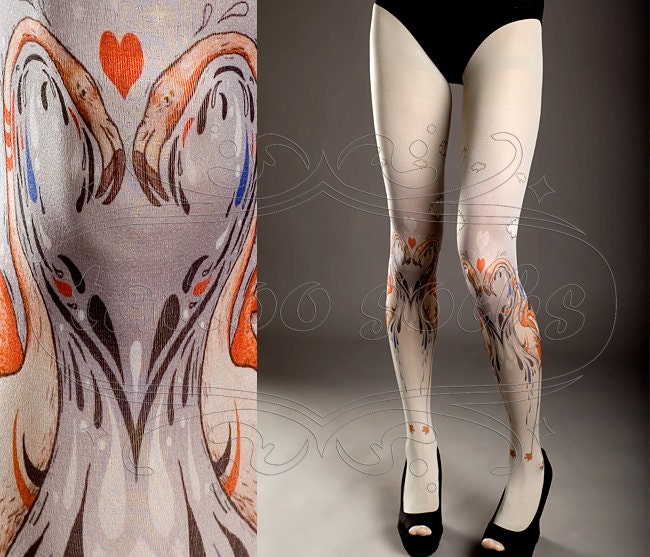 NEW light grey one size Flamingo Love full length closed toe printed tights pantyhose