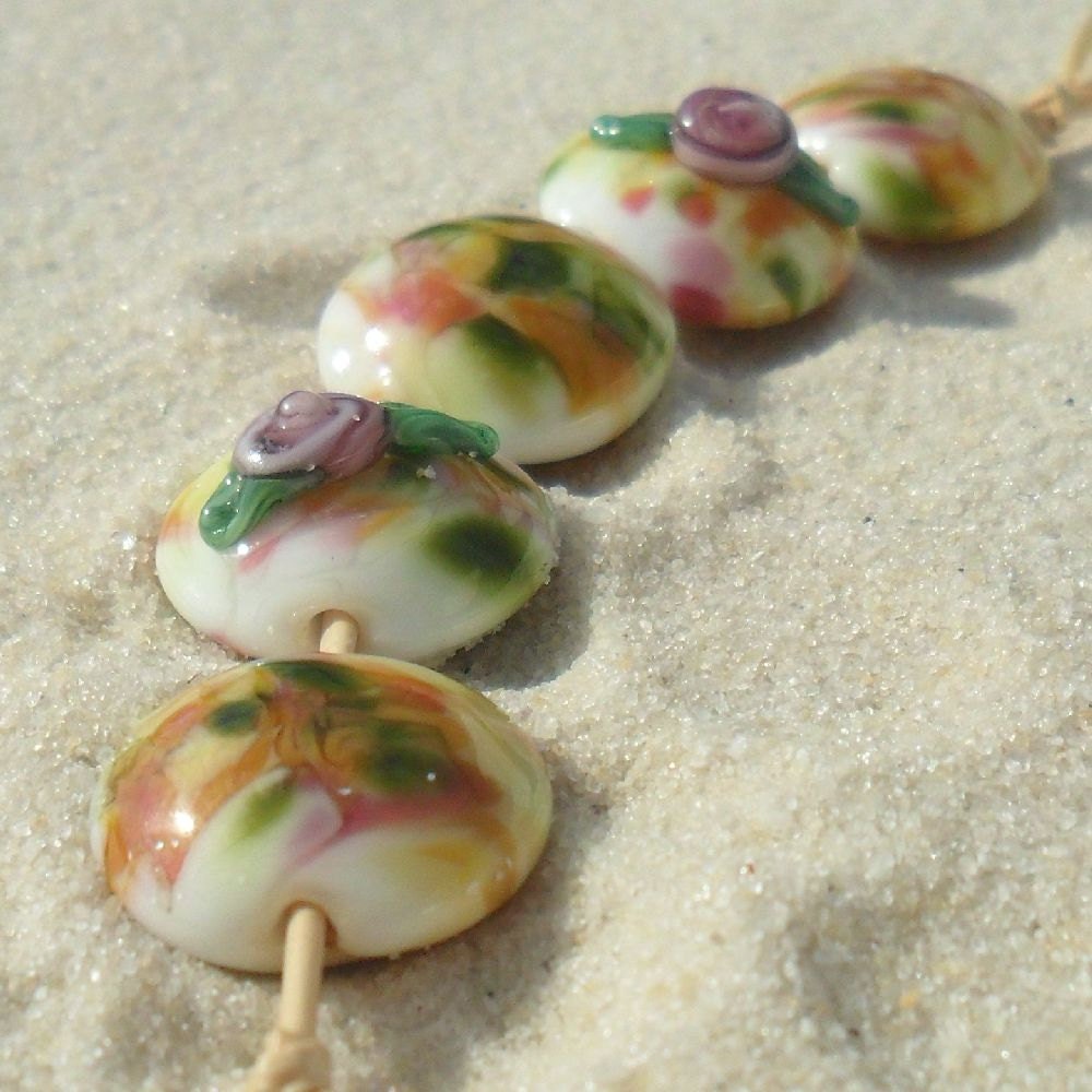 Lampwork Lentil Beads Set, Pink-Greens-Browns, Handmade SRA LETEAM Glassymom