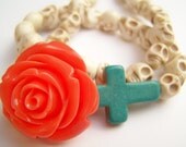 White Skulls Day of the Dead Necklace, Coral Rose & Turquoise Cross Beaded Necklace, Howlite Stone Skulls, Dia de Los Muertos Jewelry