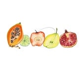 Fruit Juice - Art Print healthy fresh fruit painting kitchen home decor papaya red apple lime green pear pomegranate colorful Oladesign 8x10