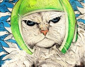 Two Birds Do Not Impress Limecat - print of original oil painting 8x10 inches by Aja