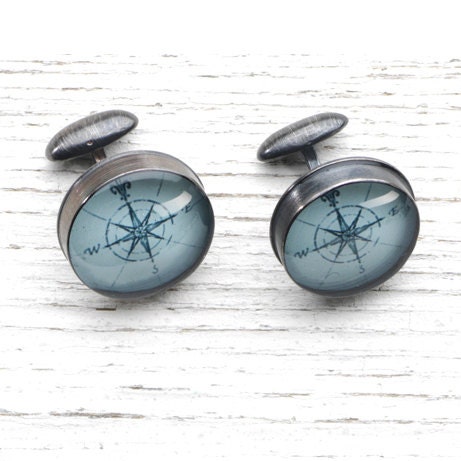Compass Rose - Antique Map Cufflinks in Handmade Sterling Settings