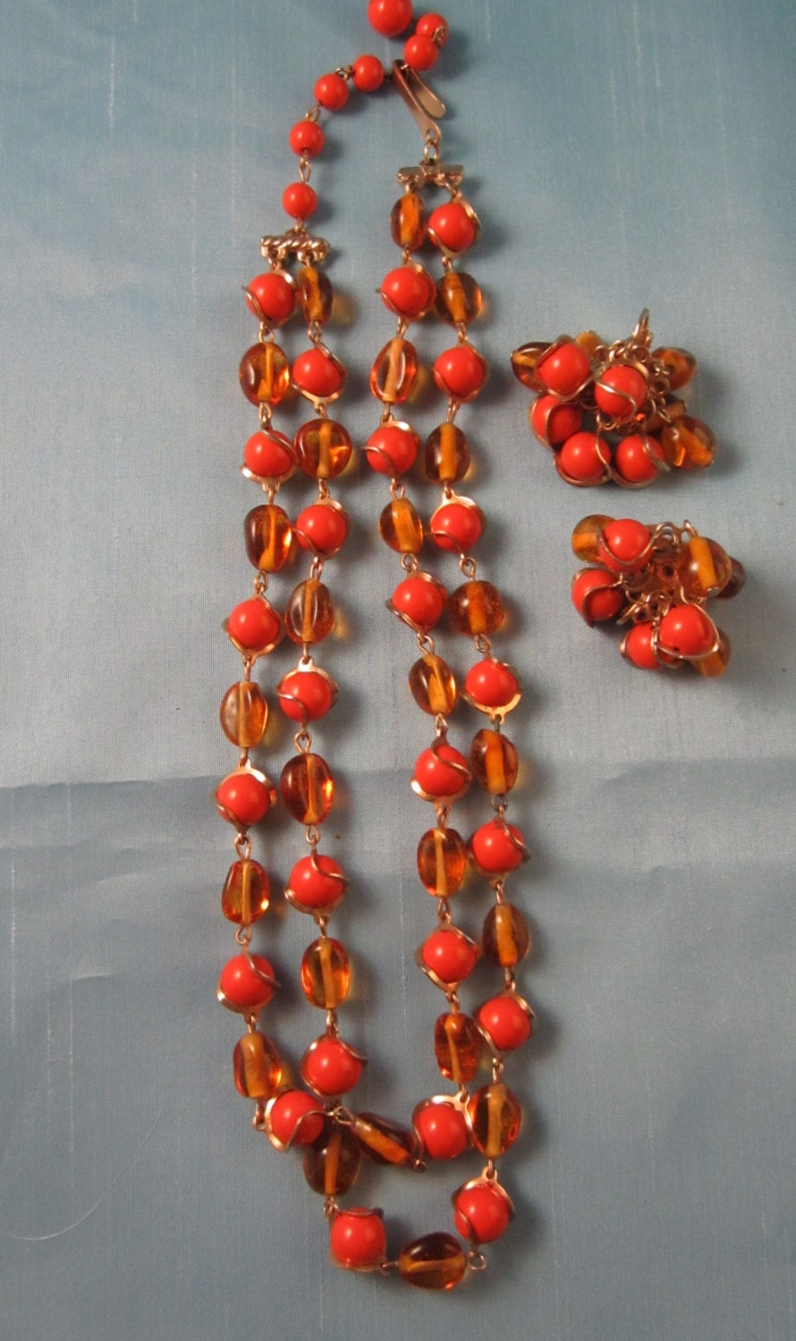 Feelin' Groovy Vintage Orange and Amber Wire Wrapped Glass Beads and Earrings