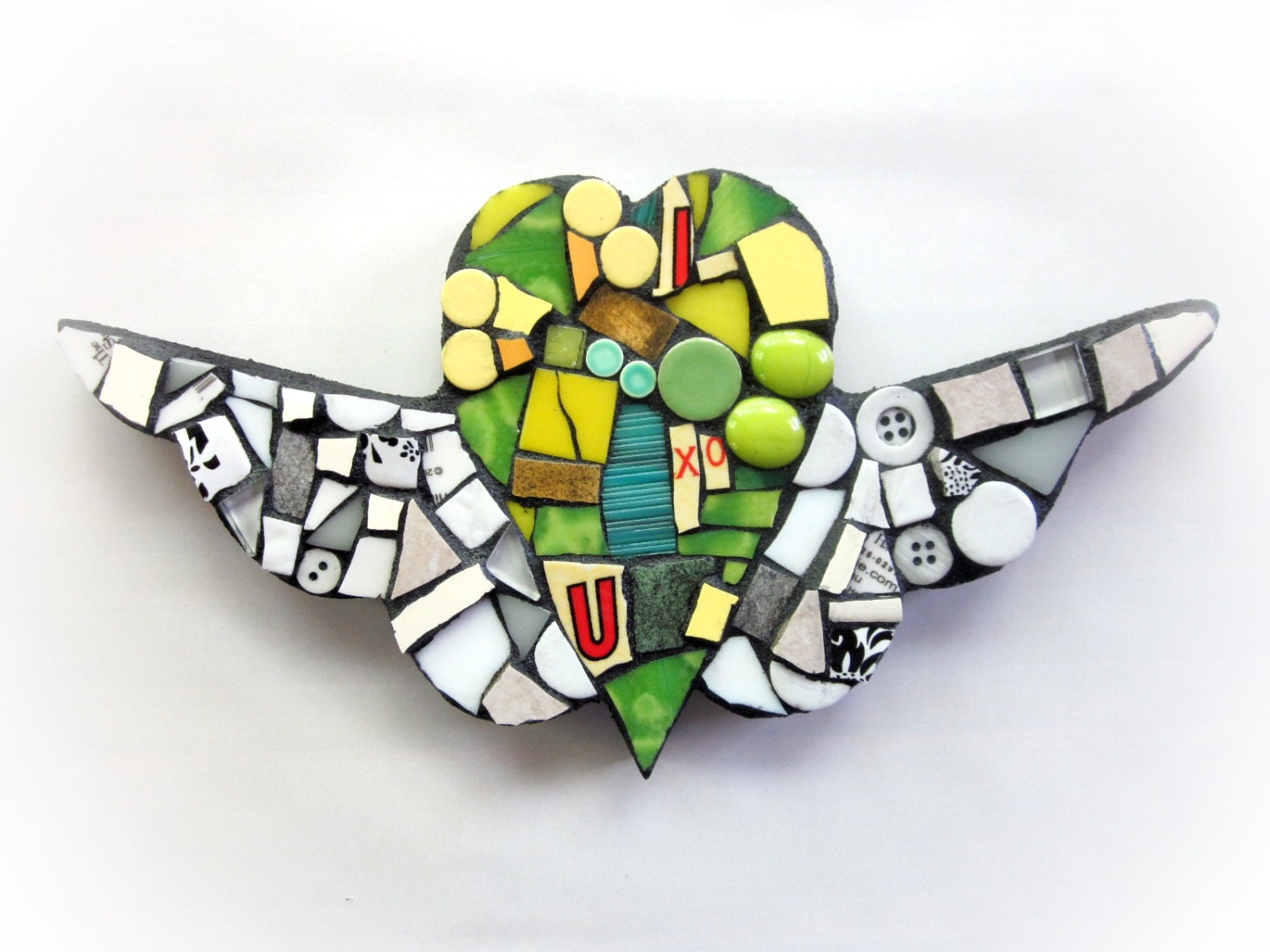 I XO U. (Hugs & Kisses For You Pique Assiette Mixed Media Heart With Wings Mosaic Wall Art by Shawn DuBois)