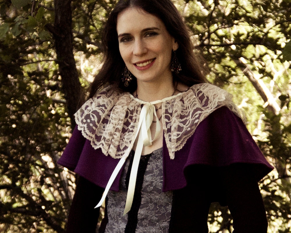 Purple and Ivory Wool and Lace Capelet
