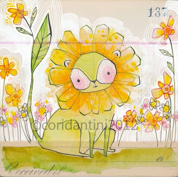 whimsical watercolor painting of a yellow lion - 8 x 8 - limited edition archival print by cori dantini - child decor