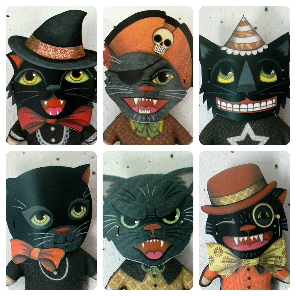 Black Cat Mask Doll-  Tiny Original Folk Art Halloween Printed and Stuffed Ornament