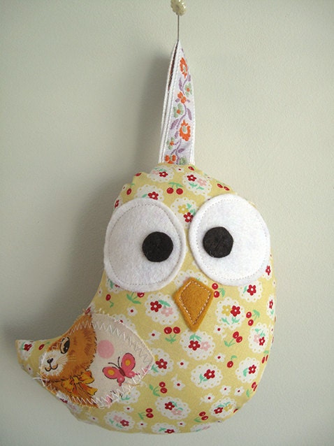 SALE Handmade Plush Bird decoration, Floral and retro Kitten fabrics