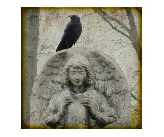 Angel And Crow, TTV, Stone Art Angel, Blackbird, Gothic Wall Art, Photograph -  Wings Of Stone