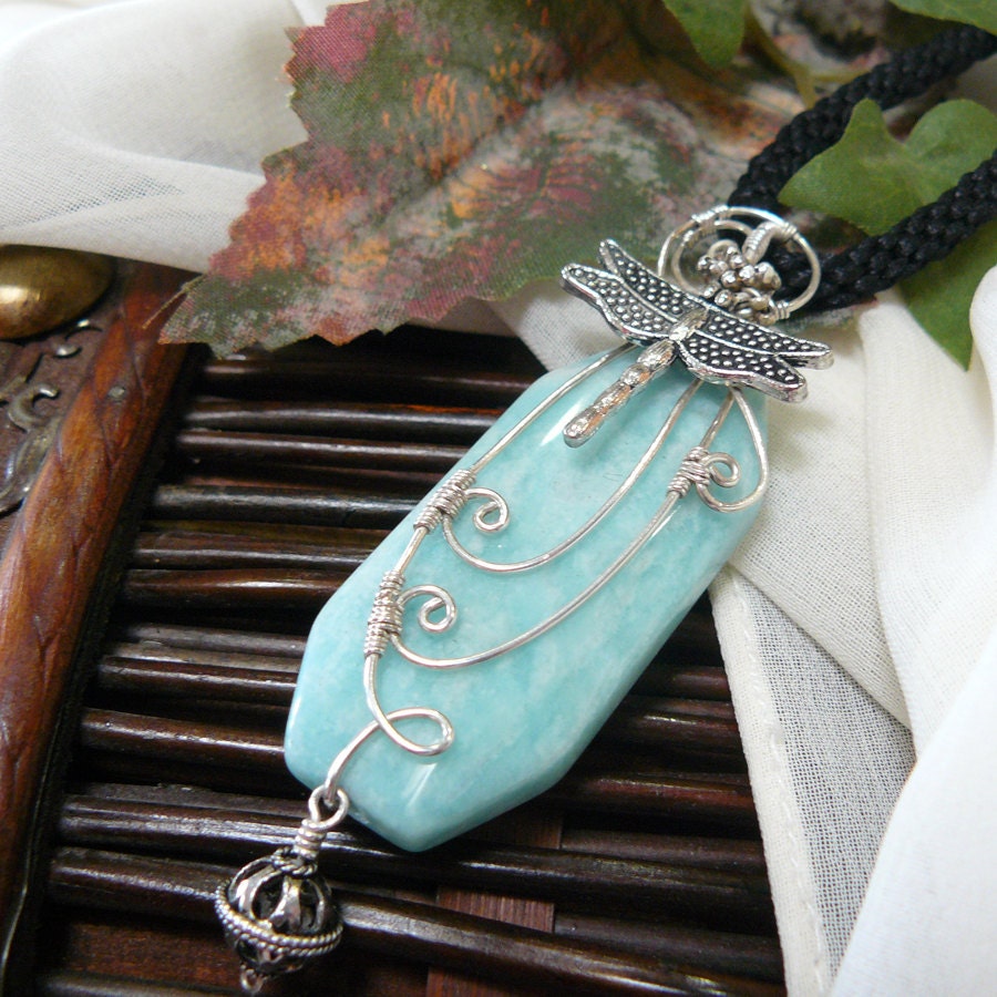 Amazonite and Sterling Silver Wire Wrapped Dragonfly Pendant