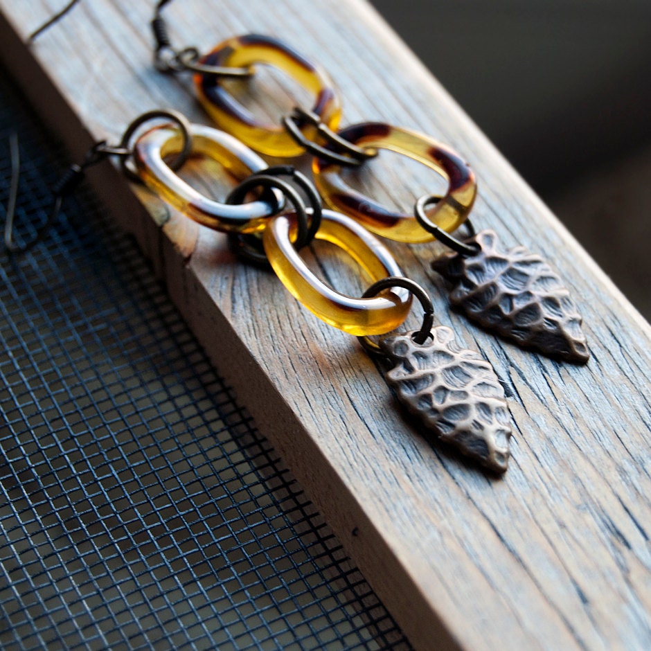 Brass Arrowhead Tortoise Shell Earrings