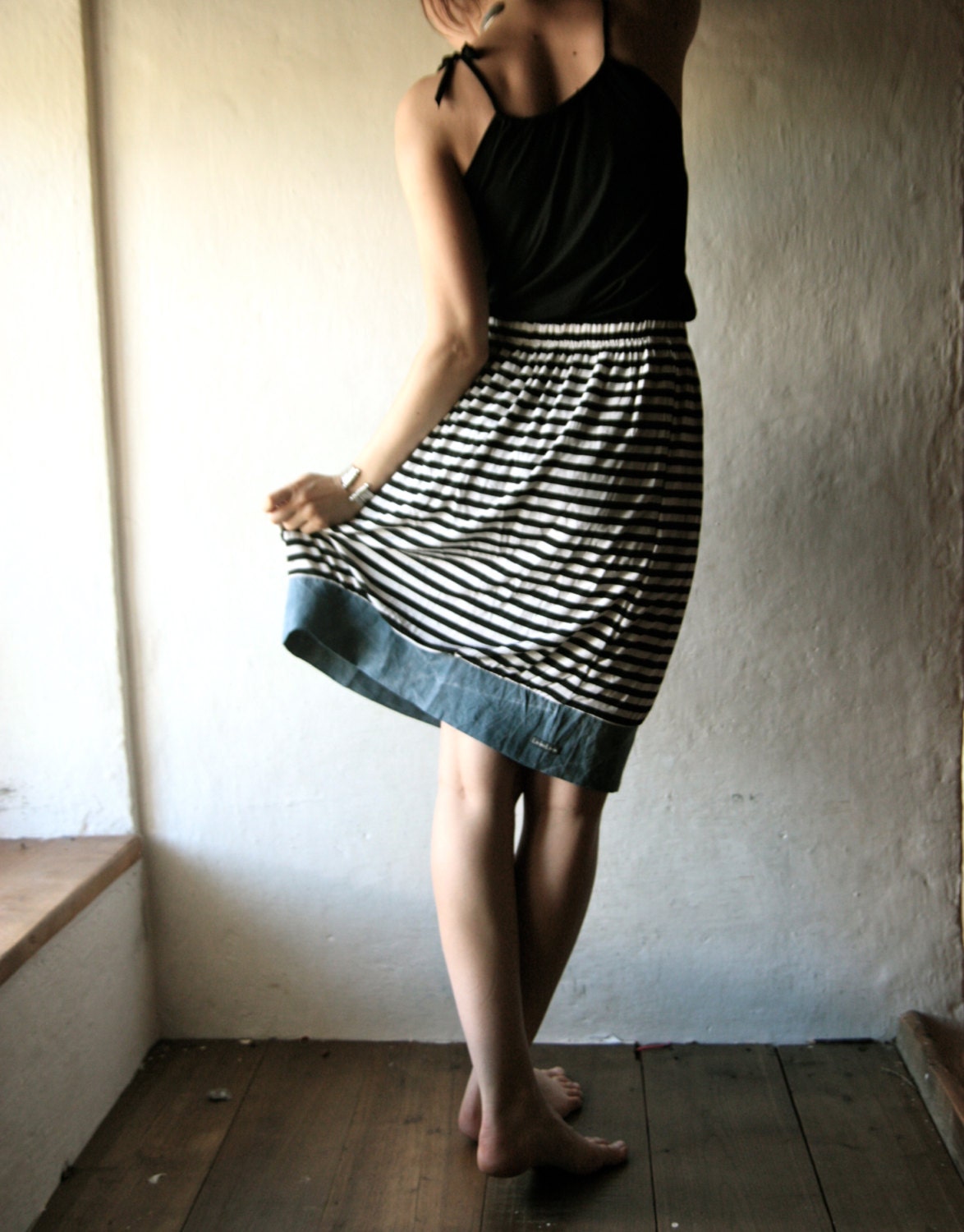 Striped Jersey Skirt with blue linen bottom band - knee length high waist skirt - pencil gathered skirt - womens clothes