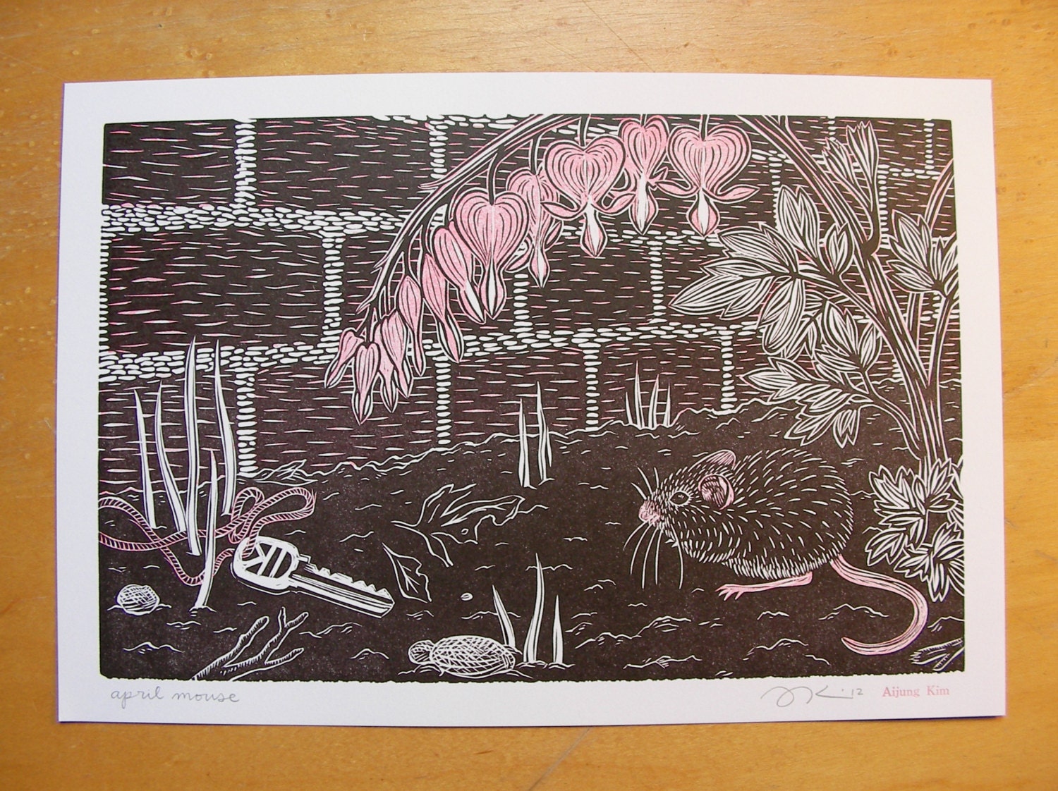 April Mouse - Linocut Print - bleeding heart / flower / spring / key / garden / nature / animal / pink