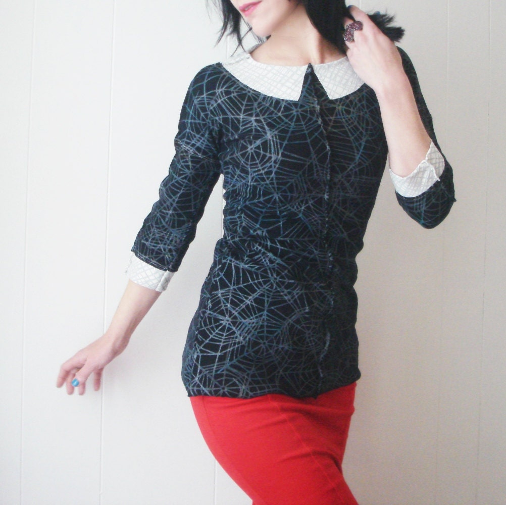 Eye of the Beholder - iheartfink Handmade Hand Printed Womens Artistic Retro Collar Blouse Top