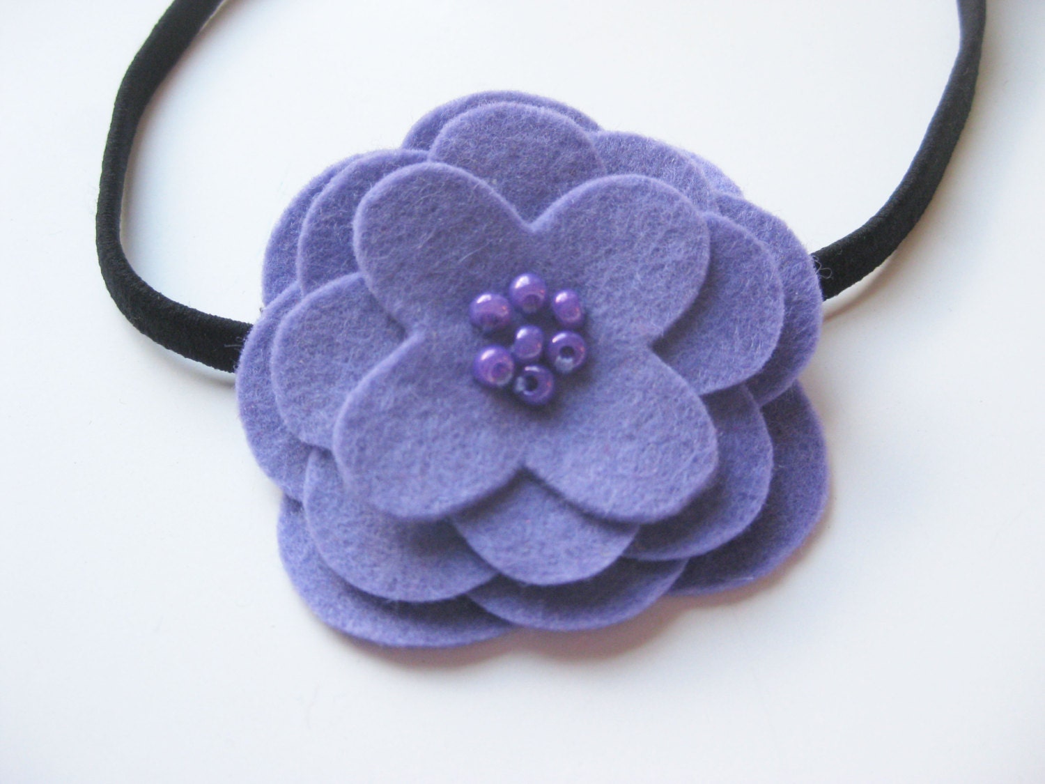 wool felt flower beaded headband for women or girls, in purple, sweet, modern, made to order, custom