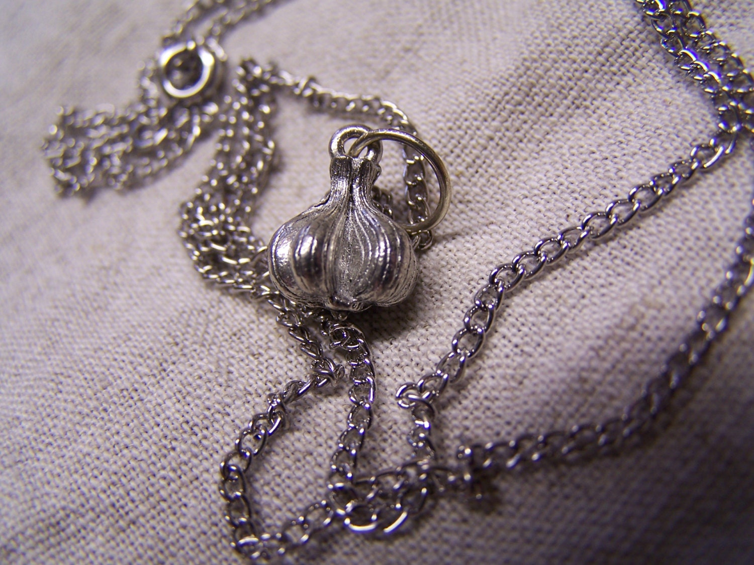 Antique Silver Garlic Charm Necklace on 24" Silver Color Chain - free ship