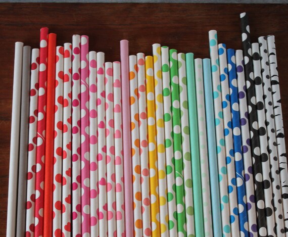 Polka Dot Straws -- Assorted Colors-- you choose -- set of 100 -- Polka Dots -- Hearts-- Solids Il_570xn