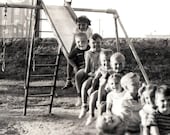 vintage photo Children Line up on Slide at Playground