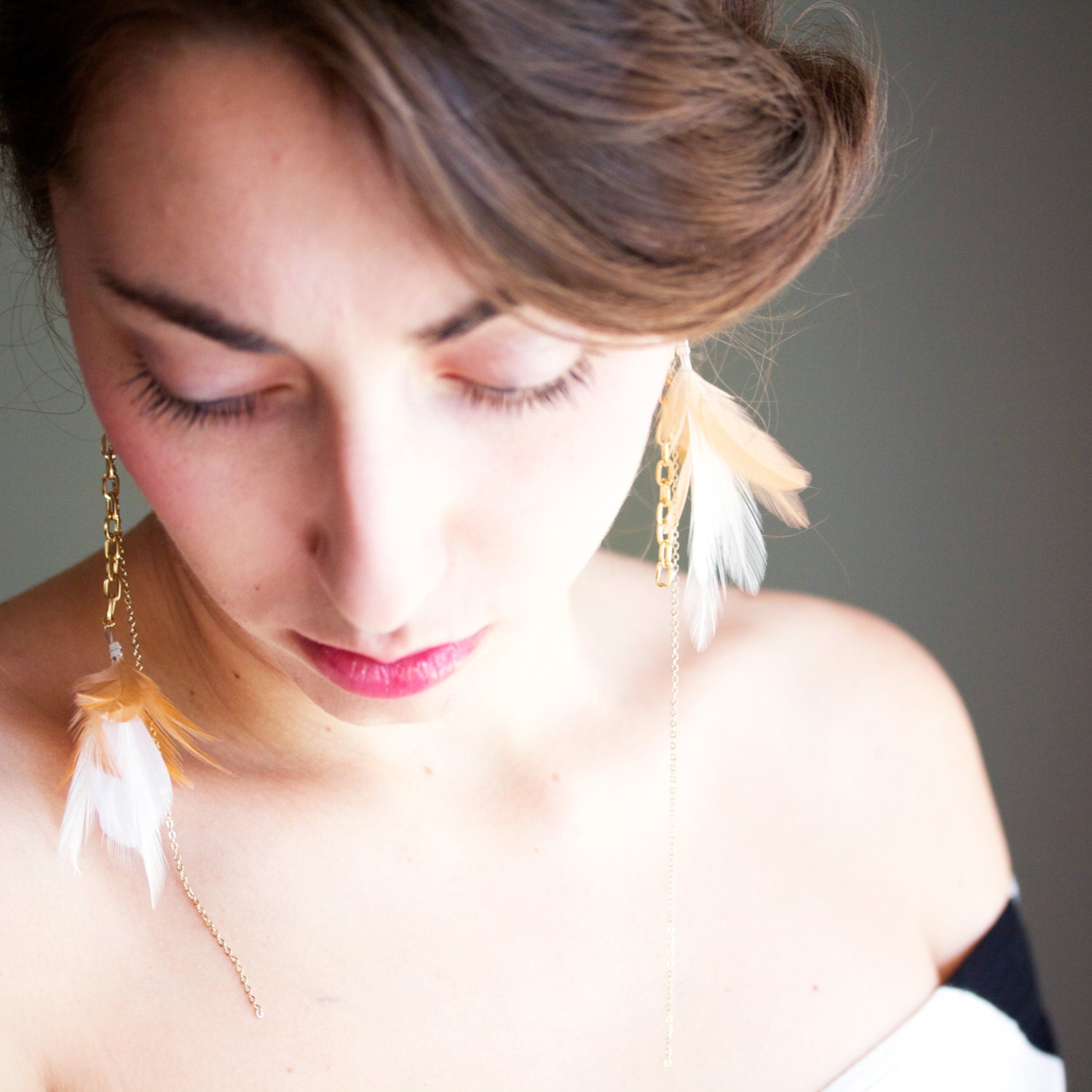 White and Gold Dangle Feather Earrings - Long Feather Earrings