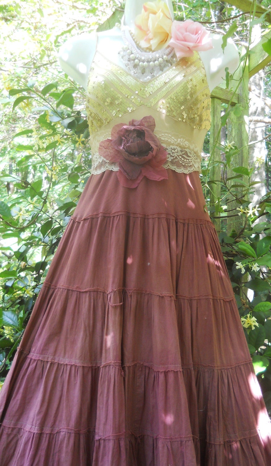 Boho maxi  dress pink tea stained tulle cotton  lace fairytale rose boho  vintage  romantic medium by vintage opulence on Etsy