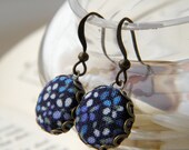 Tiny Blue Daisies -  Fabric Covered Button Earrings.