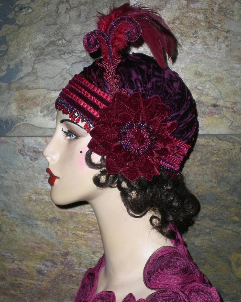 One of a Kind Vintage Roaring 20's Gatsby Inspired Cloche Hat Burnt Velvet Beaded Feathers