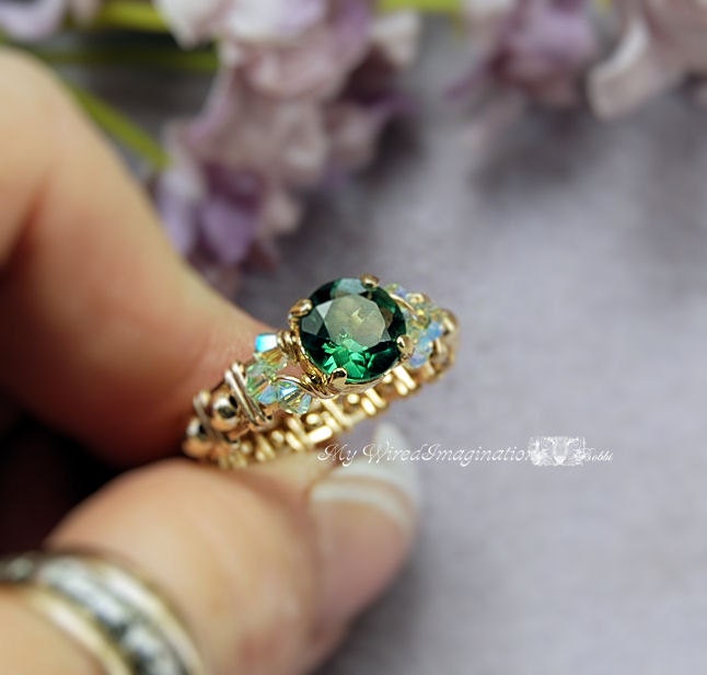 Green Quartz CZ Wire Wrapped Ring - Handmade Signature Design Marcella Ring - Fine Jewelry
