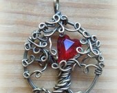 Giving Tree Necklace, Red Crystal Heart Tree of Life, Rustic Romantic Playful, Love, Valentines Day