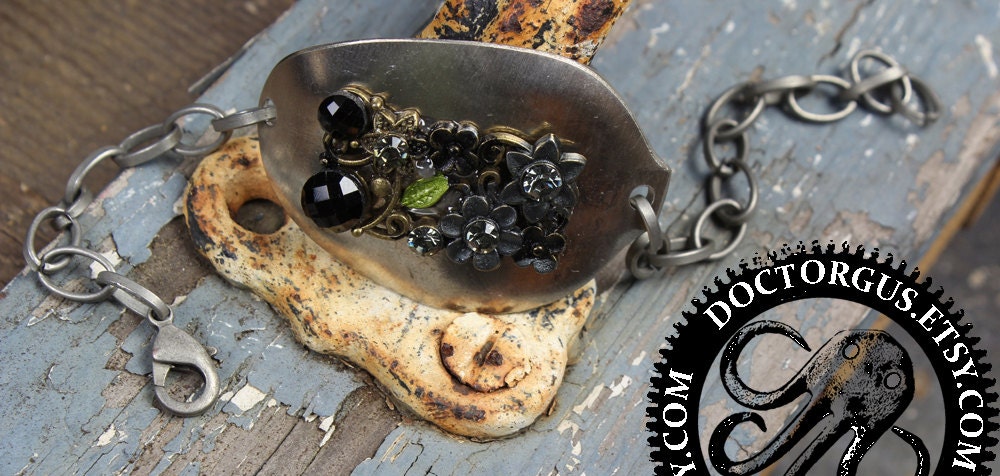Sterling Silver Plated Spoon Bracelet -- With Crystals -- Handmade by Doctorgus from Repurposed Vintage Silverware