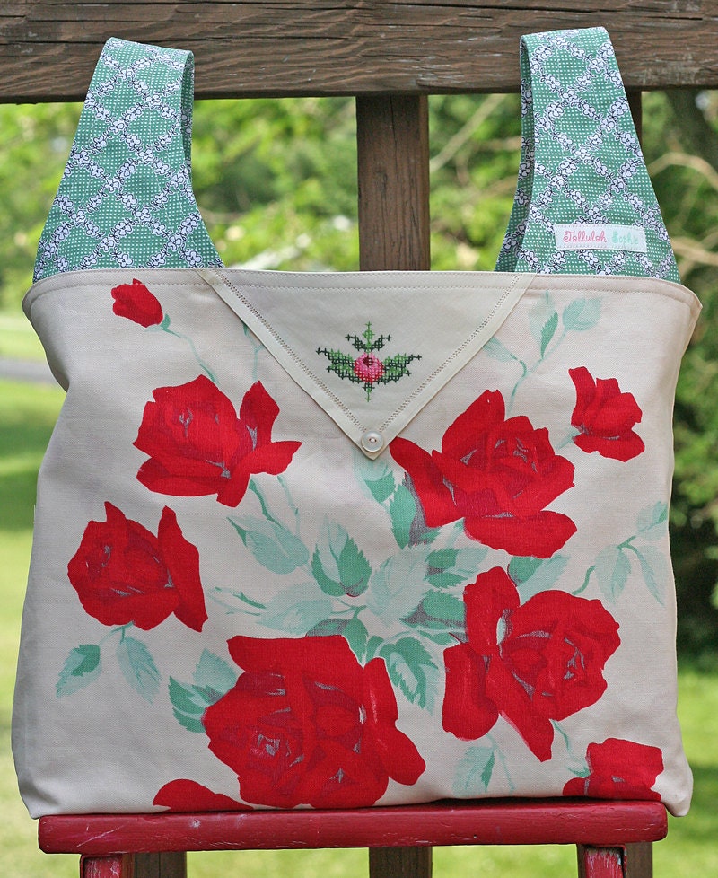 Wilendur Roses Tablecloth Upcycled with a Vintage Embroidered Doily  .. Flea Market or Grocery Shopping Market Tote Bag