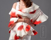 Wavy shawl - Felted wool and silk - Summer Poppies