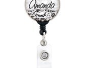 Retractable ID Badge Holder - Black and White Floral - Personalized - Badge Reel