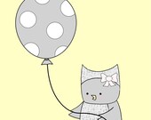 Owl with Balloon, Yellow and Grey Nursery, Art Print, Nursery Art, Nursery Decor