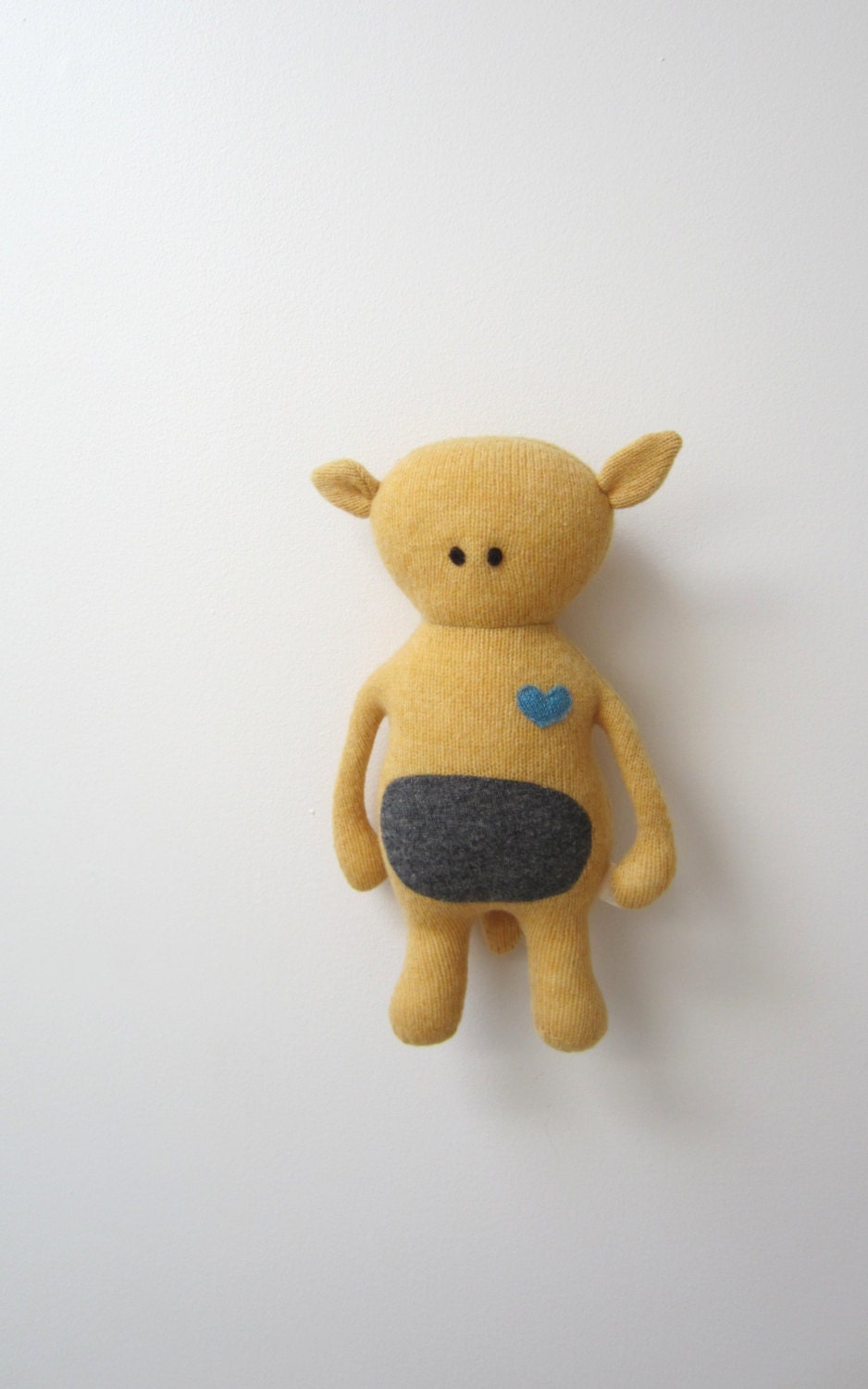 Critter Doll Bearish OOAK Upcycled wool sweater unique warm yellow grey bear like Retro collectors item eco friendly