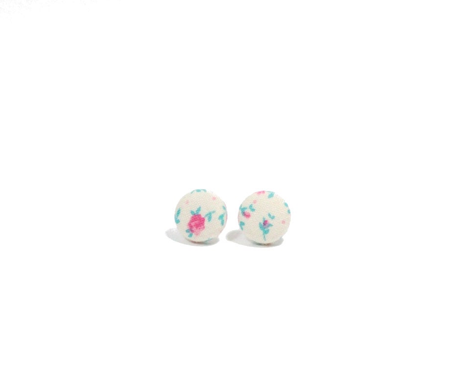 Ivory and Pink Vintage Floral Fabric Button Earrings // by Nicoles Threads