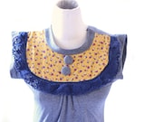 Womens Mini Dress Heather Gray Tunic with Navy Lace and Vintage Floral Mustard Bib Small // by Nicoles Threads