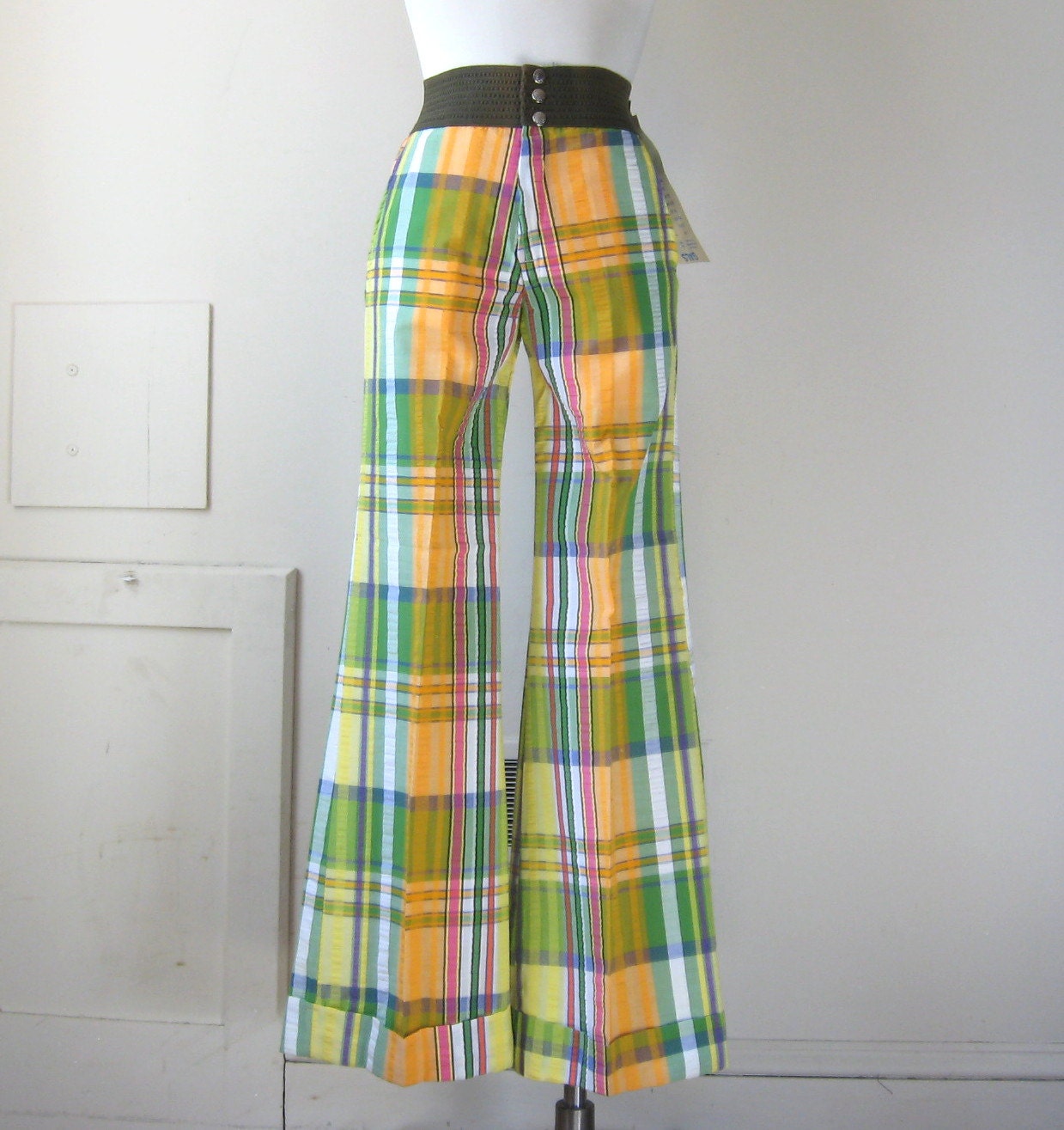 70's Plaid Pants Vintage New Old Stock Seersucker Flares 1970's Multi Colored Flared Pants