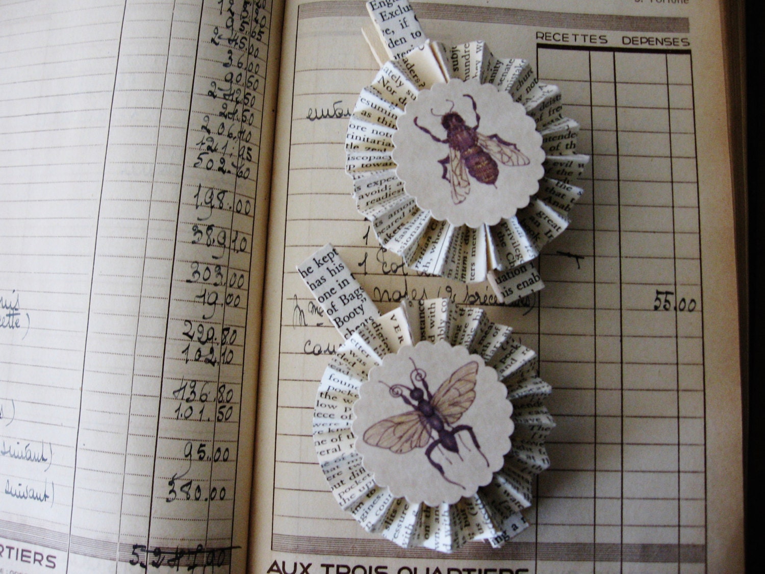 Vintage Paper Rosette Clothespin Magnets Set of Two Bee Wasp