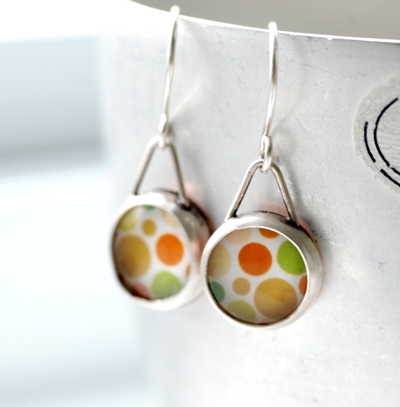 Mod Earrings, Retro Earrings, Polka Dot Earrings, Silver Earrings, Bezel Earrings, Orange, Green, Gold, 1970's, Wild Woman Jewelry