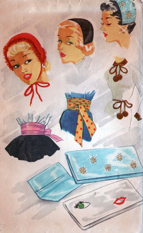 Vintage 50s Simplicity 4856  Accessory Pack Hat, Collar, Belt, Clutch Sewing Pattern  Size Small