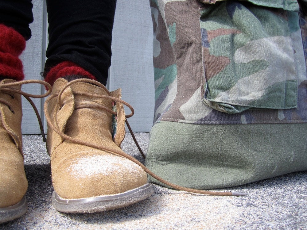 Rustic Camper Canvas Tote Large Repurposed Military Camo Bag