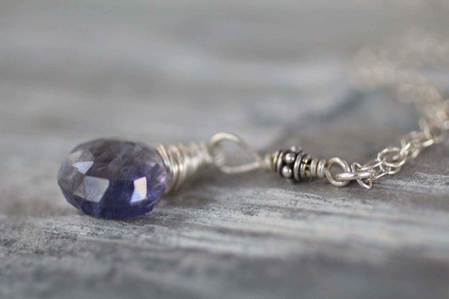 Large Iolite Wire Wrapped Necklace With Bali Silver Bead. Sterling Silver
