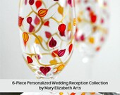 Japanese Lantern Flower Toasting Flutes, Ring Dish, Cake Plate and Cake Cutters - 6 Piece Customized Wedding Reception Collection