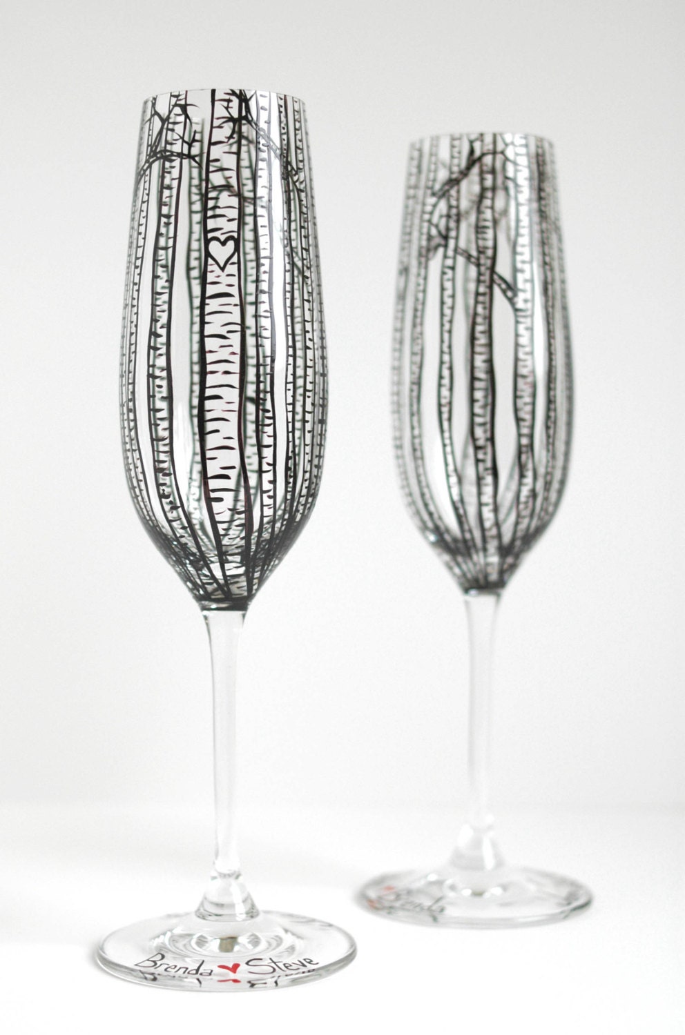 Personalized Birch Tree Toasting Flutes - Set of 2 Hand Painted Wedding Champagne Flutes