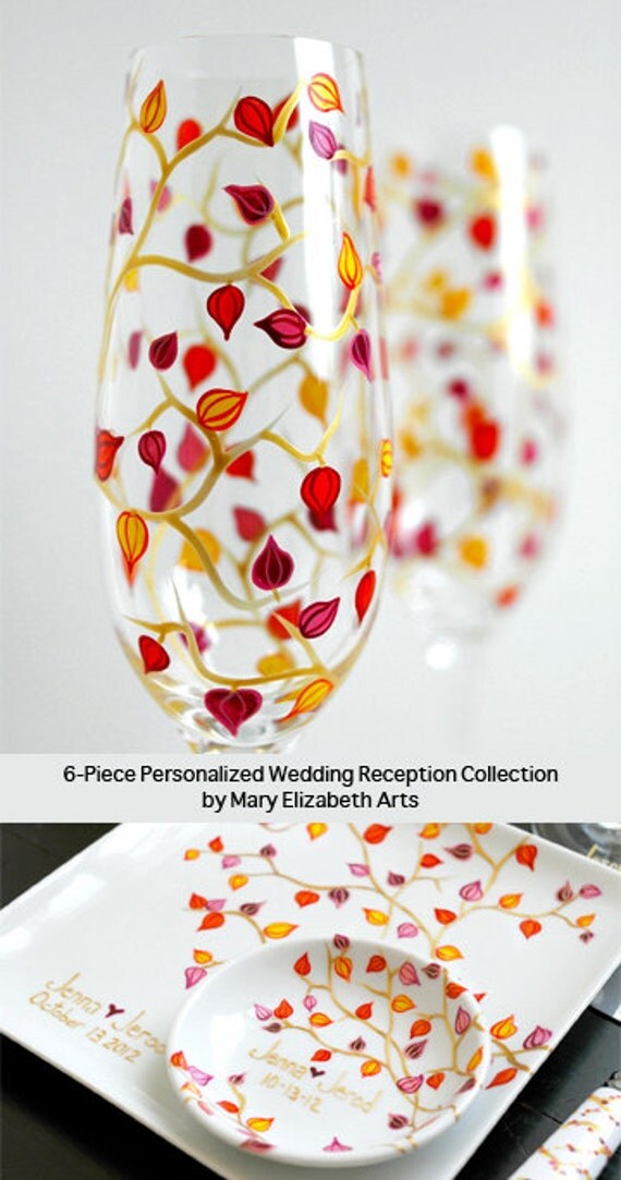 Japanese Lantern Flower Toasting Flutes, Ring Dish, Cake Plate and Cake Cutters - 6 Piece Customized Wedding Reception Collection