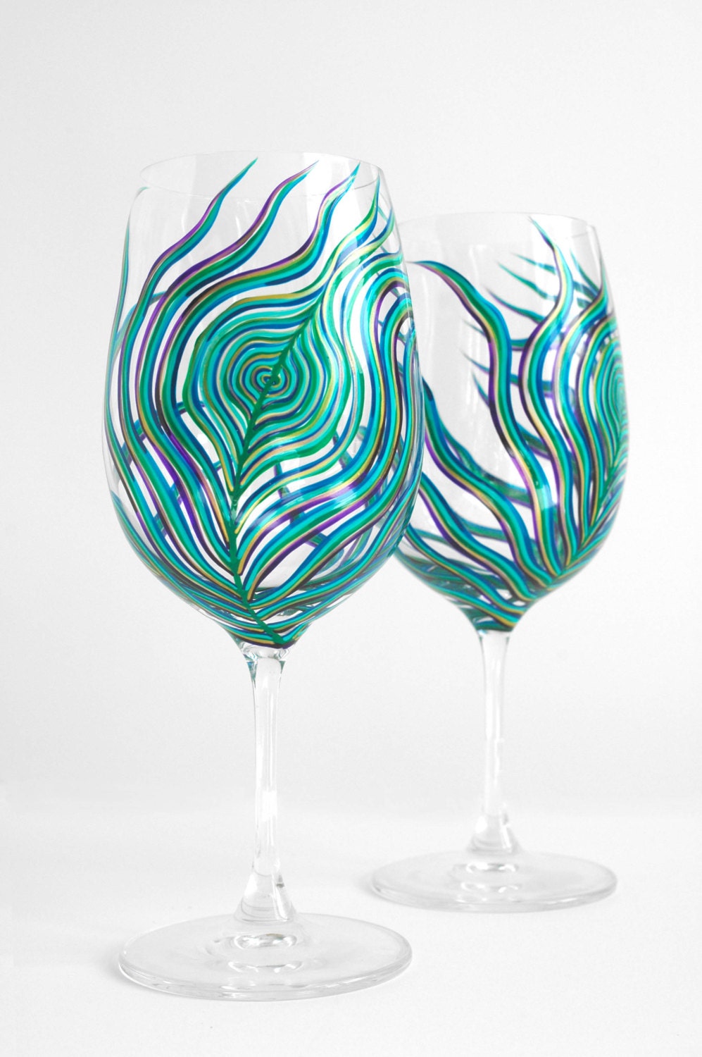 Peacock Feather Wine Glasses - Set of 2 Hand Painted Peacock Glasses in Sapphire, Emerald, Aqua, Plum and Gold