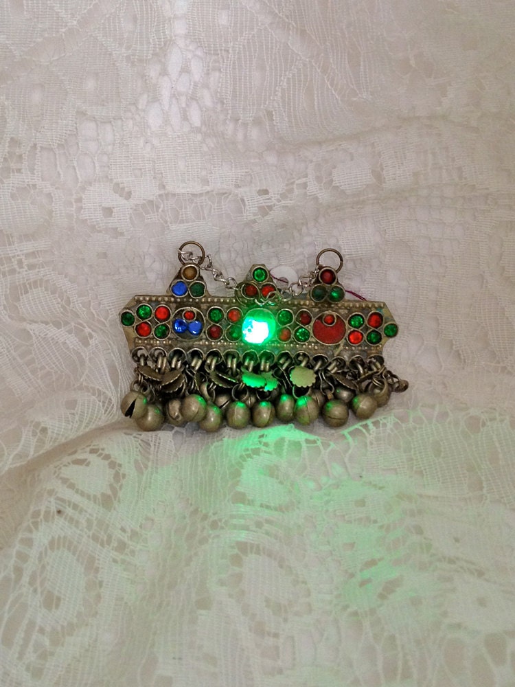 Green LED necklace - light up bellydance pendant - glow in the dark tribal fusion pendant - LED Kuchi brooch