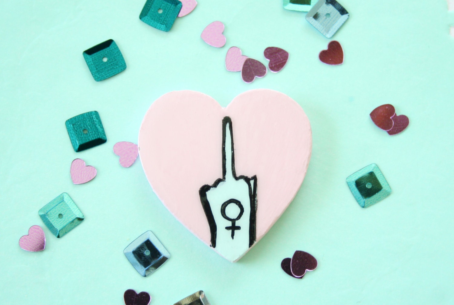 Middle Finger Pink/Blue Heart Brooch